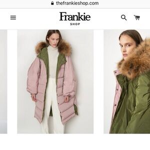 Frankie Shop Pink and Green Reversible Oversized Puffer Coat with Fur Trim
